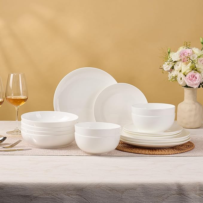 KINGSTONE 16-Piece Bone China Dinnerware Sets for 4, Lightweight Porcelain Dish Serving Plates and Bowls Sets, Durable Scratch Resistant Dinner Set, Microwave & Dishwasher Safe, Ivory White