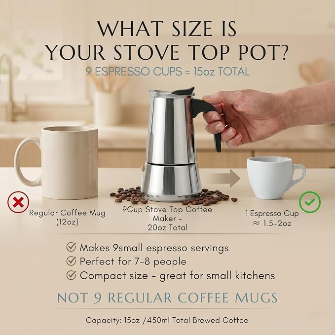 Mixpresso 9 Cup Greca Stovetop Espresso Pot 450ml/15oz, Moka Pot with Coffee Percolator Design, Stainless Steel Stove Top Coffee Maker for Camping or Home Use,Italian Stovetop Espresso Maker