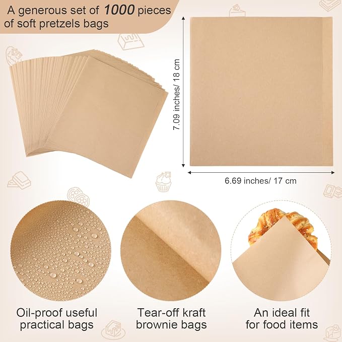 Colarr 1000 Pcs Soft Pretzel Bags 6.69 x 7.09 Inch Pretzels Individual Bags Grease Resistant Double Open Paper Sandwich Wrapper Holder for Concession Stands Food Snack Cookie, Brown