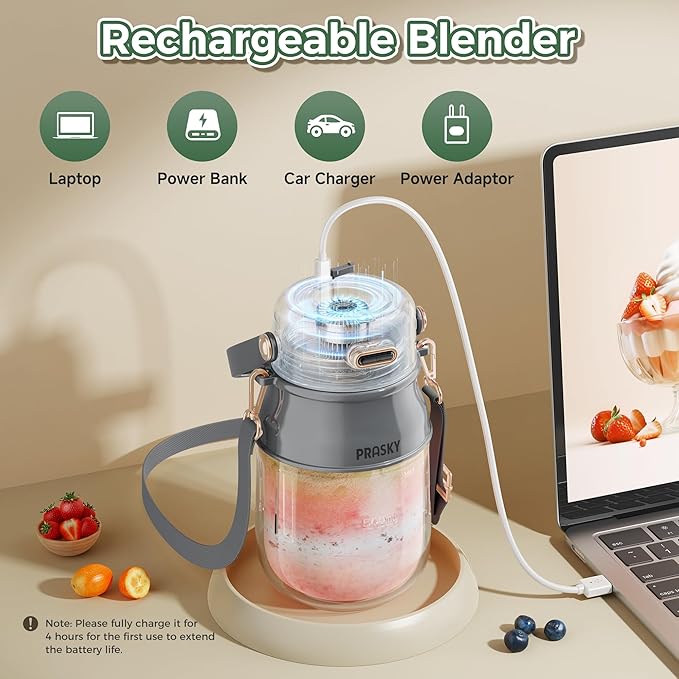 Portable Blender, Prasky Personal Blenders for Shakes and Smoothies with 27oz Cup, Lid and Shoulder Strap, Type-C USB Rechargeable, Personal Size Blenders BPA-free for Travel/Kitchen (Gray)