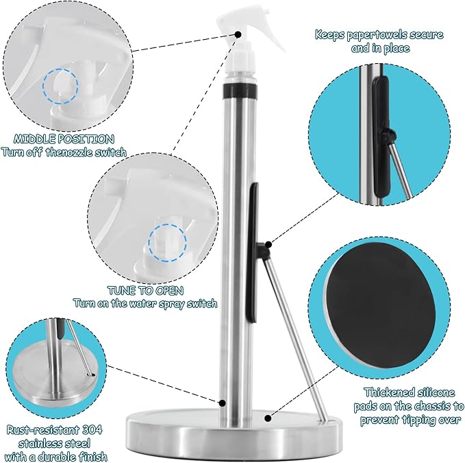 Paper Towel Holder with Spray Bottle, Countertop Kitchen Paper Towel Dispenser, Featuring Spring Arm and Weighted Base for One-Handed Operation (Brushed Nickel)