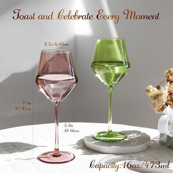Colored Wine Glasses Set 6 – 16oz Hand-Blown Stemmed Colorful Wine Glass, Muted Color Golbet Set,Unique Wine Gifts for Women, Birthday,Housewarming