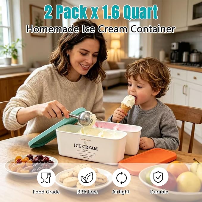 Ice Cream Containers - Silicone Reusable Freezer Storage for Homemade Ice Cream Tub for Sorbet, Frozen Yogurt - Flexible Silicone Lids, Long Scoop, Stackable,2 Pack 1.6 Quart Each