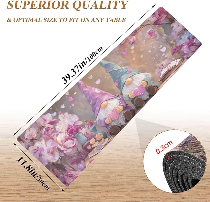 2 in 1 Table Runner Trivet for Hot Pots and Pans Heat Resistant Non Slip Waterproof 39 x 12 Inch Decorative Table Protector for Kitchen Countertop Valentines Gnomes Hearts Flowers Purple