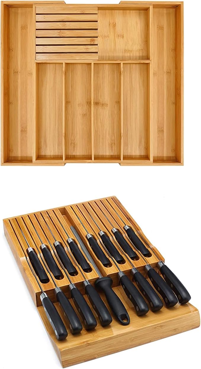 VaeFae Bamboo Silverware Drawer Organizer and Bamboo Knife Drawer Organizer Insert Bundle