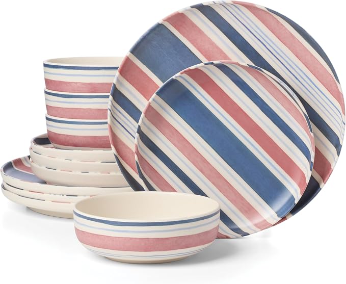 Oneida 24 Seven Melamine Collection, Dishwasher Safe Melamine Dinnerware and Drinkware, Stripe Pattern, Dinnerware Set, 12-Piece