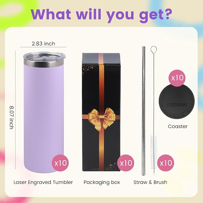 Joyclub Personalized Graduation Gifts Tumblers Bulk 10 Pack 20 oz Insulated Tumbler with Lids and Straws Skinny Straight Powder Coated Tumbler for Laser Engraving Custom Tumbler with Gift Box