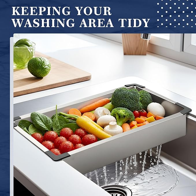 LemonRoad 8.27 x 16.93 Inch Stainless Steel Colander for Kitchen, Thickened over the Sink Colander Sink Strainer Basket, Kitchen Supply for Washing Drain Vegetable Fruits Dishes
