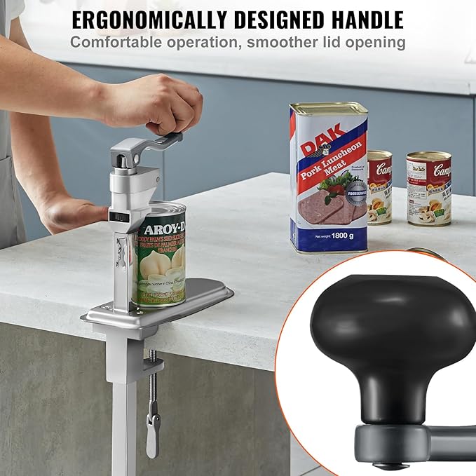 VEVOR Commercial Can Opener, 23.2"/59cm Long, Stainless Steel Manual Table Can Opener for Up to 15.7"/40cm Tall, Fixed with Clamp or Screws, Ergonomic Swing Handle & One Spare Knife, for Restaurants