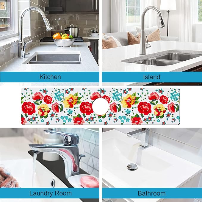 Kitchen Sink Splash Guard Faucet Mat Super Absorbent Fast Drying Mat Sink Gadgets Splash Guard Behind Faucet Drip Catcher for Kitchen (Beautiful Flower, 23.5x5.5in)