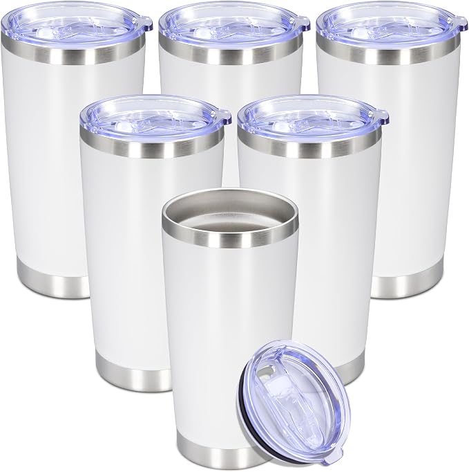 20 oz Tumbler with lid Double Wall Vacuum Insulated Tumblers Stainless Steel Coffee Mug Travel Coffee Tumbler Powder Coated Tumbler Cup Keep Hot&Cold - (White 6 Pack)