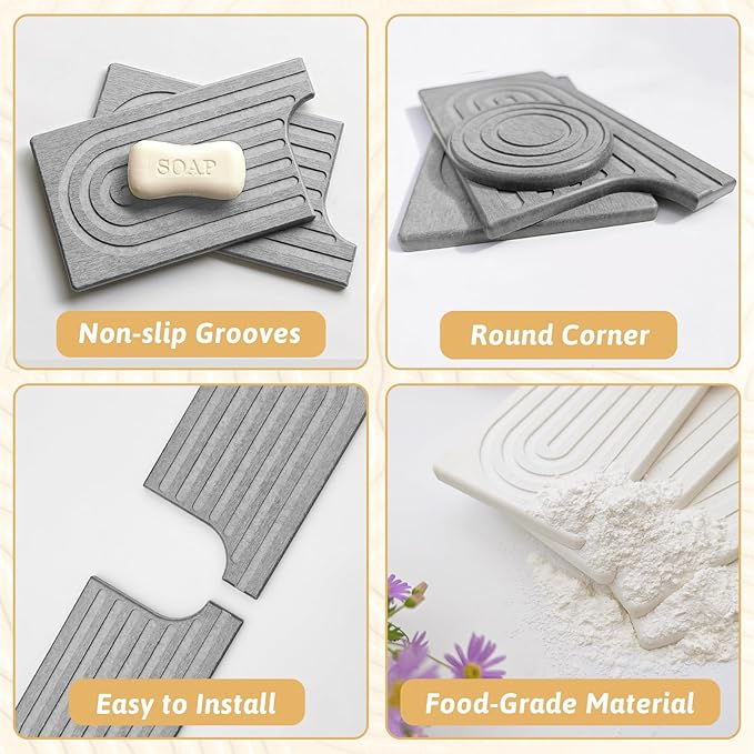 Stone Faucet Mat For Kitchen Sink, 18" Diatomite Fast Drying Stone Kitchen Sink Mat, Super Absorbent, Sink Stone Quick Dry Around Faucet, Stone Sink Splash Guard For Bathroom, Zen Gift, Light Grey