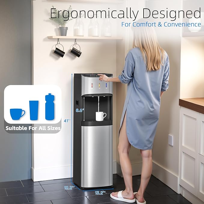 Manastin Bottom Loading Water Cooler Dispenser for 3-5 Gallon Bottles, 3 Temperature - Hot, Cold & Room Water with Child Lock, Ideal Design for Home & Office, Satin Silver