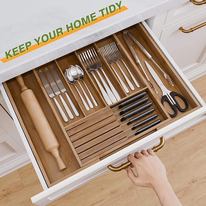 Bamboo Kitchen Silverware Drawer Organizer - Expandable Wood Utensil Holder with Dividers, Luxury Cutlery Storage Tray for Kitchen Utensil and Flatware (5-7 Slots with Removable Knife Block, Walnut)