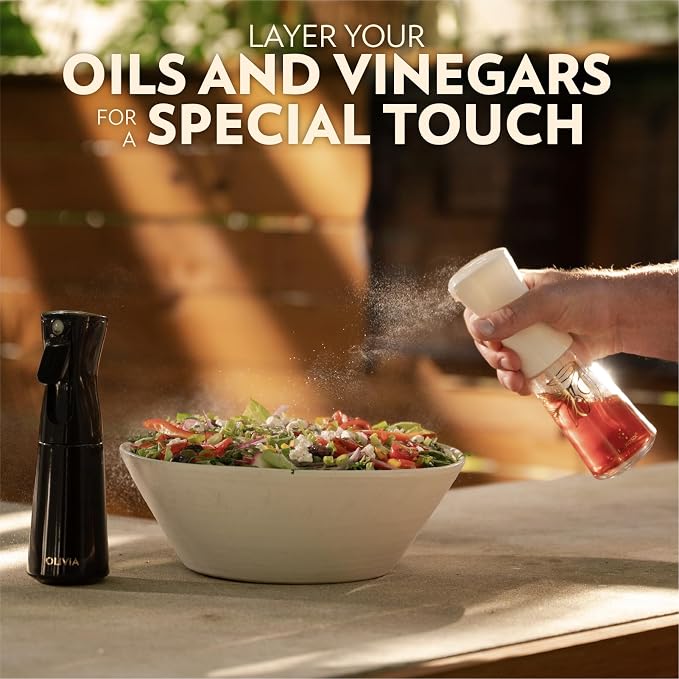OLIVIA SIGNATURE Advanced Kitchen Oil Sprayer with Flairosol Technology, Fine Mist & Portion Control, Refillable Glass Olive Oil Cooking Spray Bottle for Air Fryer, Salad, BBQ, 2 Pack 200ml (White)