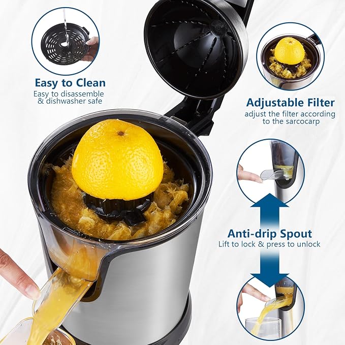 JUSANTE Citrus Juicer, Orange Juicer Machine, Stainless Steel Hands Free Lime Grapefruit Squeezer, Electric Citrus Juicer for Juice, Fruits, Lemons