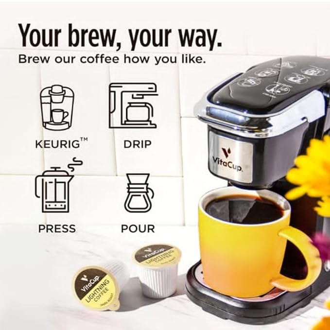 VitaCup Lightning Coffee Pods, for Focus w/ 2X Caffeine, Green Coffee Bean, B Vit, D3, Strong Dark Roast Arabica Beans, Single Serve Pod Compatible with Keurig K-Cup Brewers, 64 Ct (4 Pack of 16 ct)