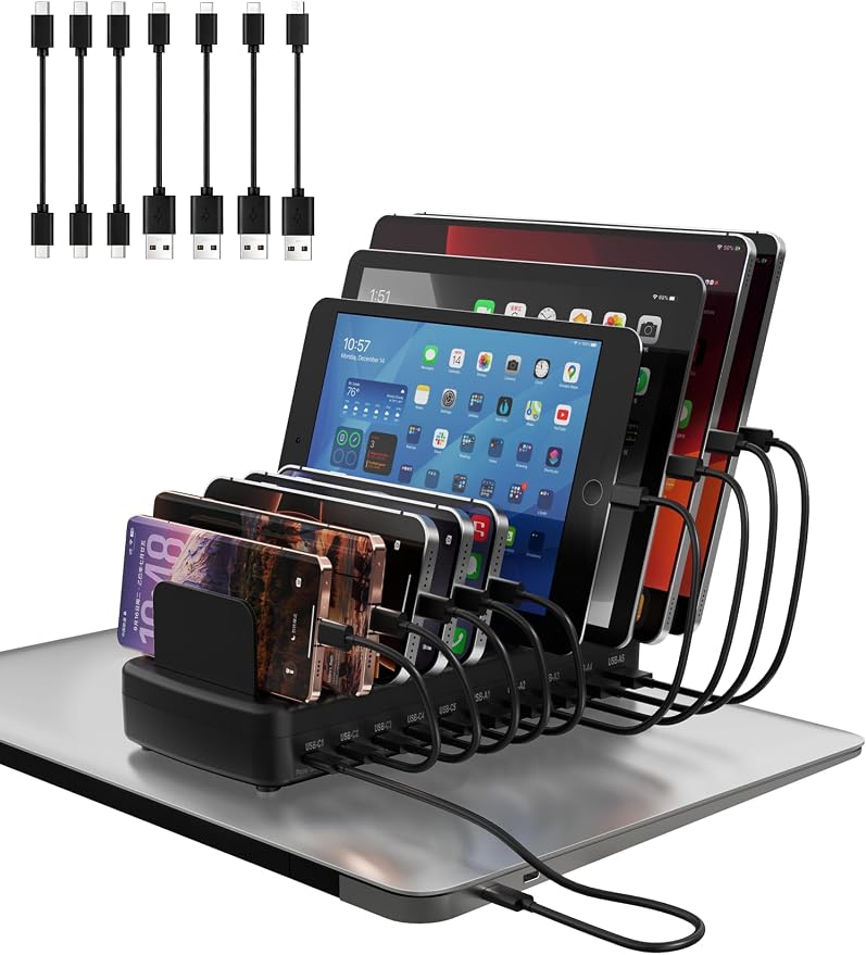320W Charging Station for Multiple Devices, 10-Port USB Fast Charging Dock Adjustable Dividers & 8 Cables, 65W Laptop Port, Fireproof & Anti-Slip for Office Home Gamers