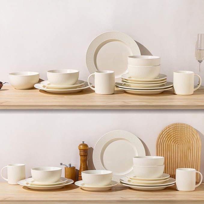 TheTerra Stoneware Dinnerware Sets for 4, 12 Pieces Ceramic Plates and Bowls Sets, Scratch Resistant Embossed Dish Set, Oven, Microwave & Dishwasher Safe, Ivory