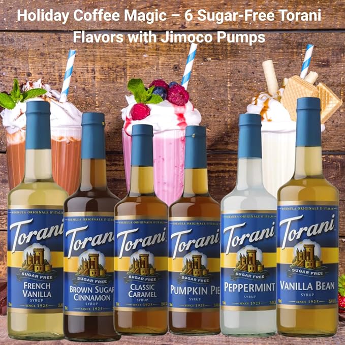 Jimoco Syrup Pump & Torani Syrup Bundle - Sugar Free Holiday Flavors, SF Pumpkin Pie, Brown Sugar Cinnamon, Peppermint, Vanilla Bean, French Vanilla, Caramel Classic - For Italian Soda Coffee, Lattes, Frappes With 6 Pump Dispensers