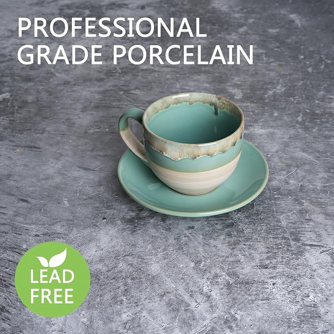 Bosmarlin Ceramic Cappuccino Cup and Saucer Set of 2, 10 Oz, Coffee Cups for Latte, Espresso, Tea, Dishwasher and Microwave Safe, Reavtive Glaze (Green)