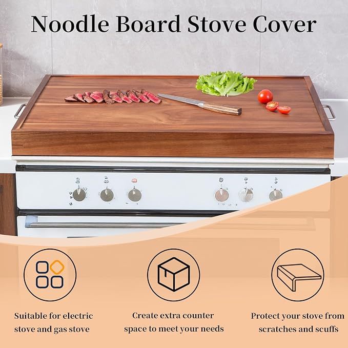 Noodle Board Stove Cover with Handles, Acacia Noodle Board Stove Top Covers for Gas Burners and Electric Stove, RV Stovetop Cover, Serving Tray for Kitchen Counter Space (30" x 22")