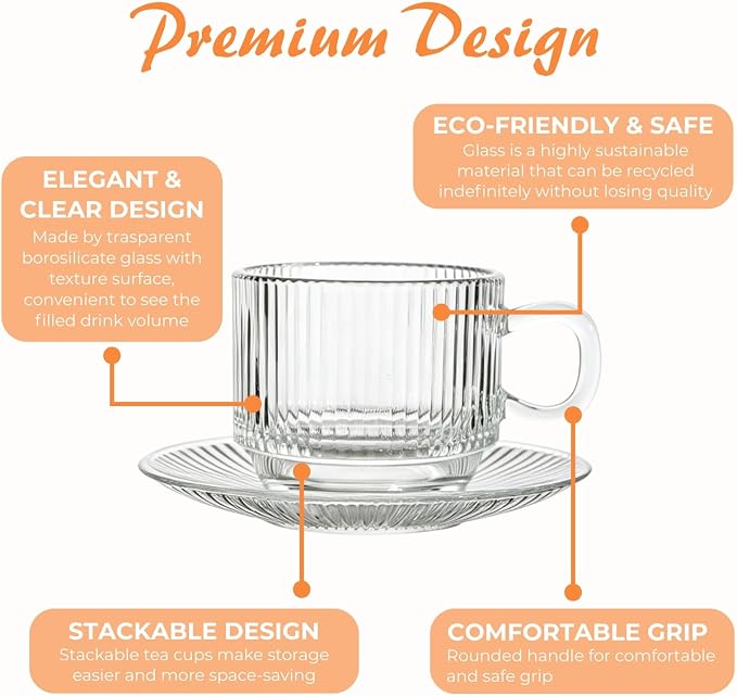 Atarvana 6 Pack Glass Tea Cups and Saucers Set with Spoons, Glazeal Stackable 5.41oz/160ml Heat-Resistant Espresso Cups, Transparent Tea Glass for Cappuccino, Latte, Cafe and Home Kitchen Use