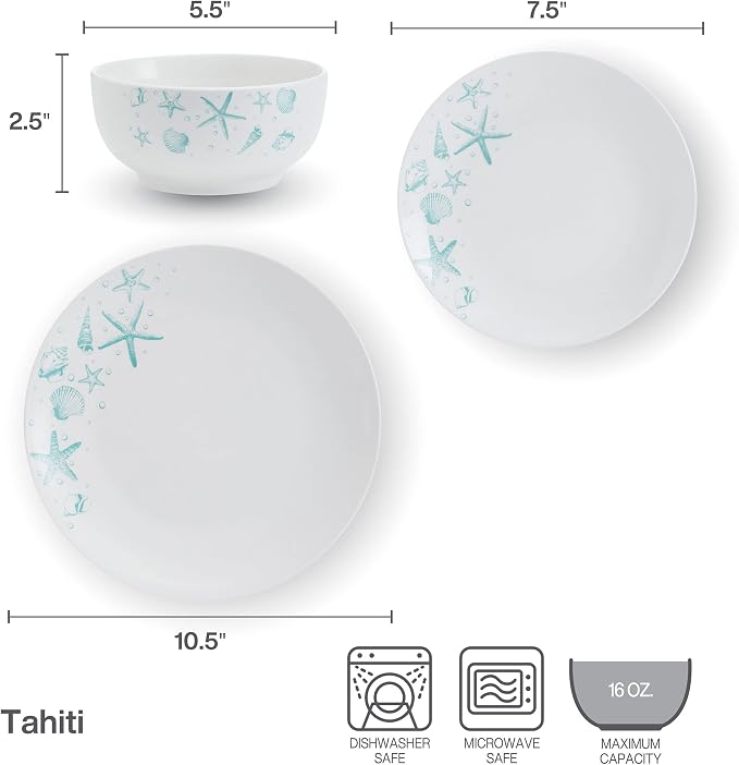 Studio Nova Tahiti Coastal 12 Piece Dinnerware Set, Service for 4, Multicolored Stoneware Plates and Bowls with Vibrant Coastal Design for Everyday Dining