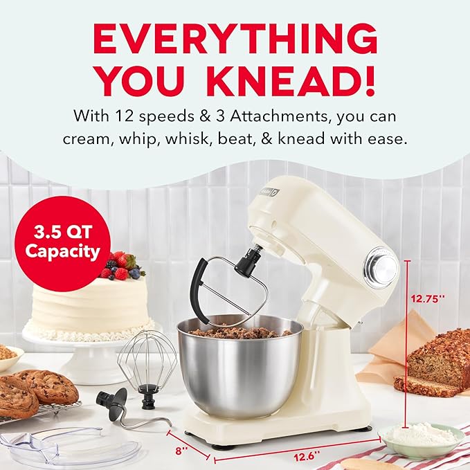 Dash 3.5QT Tilt-Head Stand Mixer - Electric Stand Mixer with Stainless Steel Bowl and Splash Guard For Baking - Cream, 3.5-Quart
