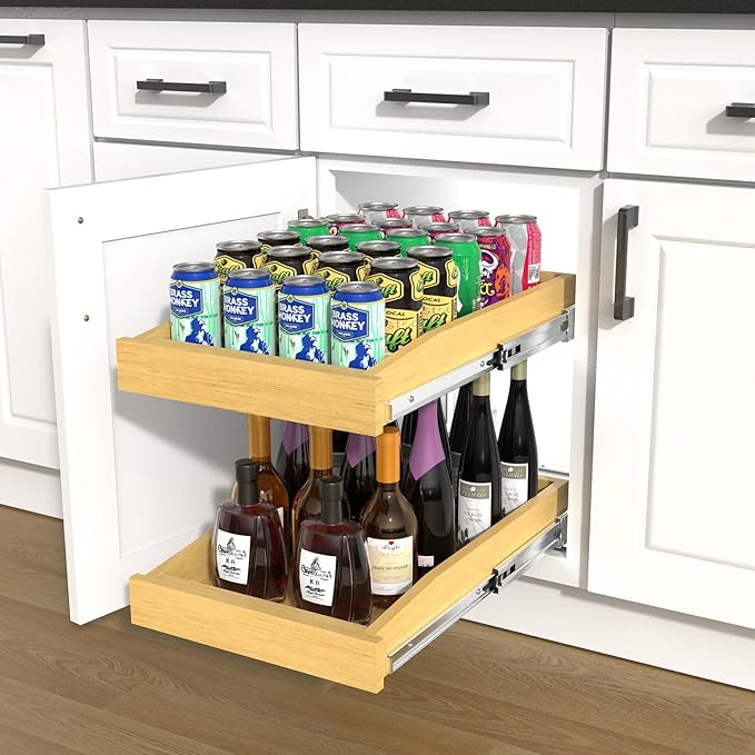2 Tier Pull Out Cabinet Organizer, 17"W x 21"D Solid Wood Heavy-Duty Base Bottom Assembly Slide out Drawer Shel Cabinet Organization for Kitchen, Pantry, Bathroom