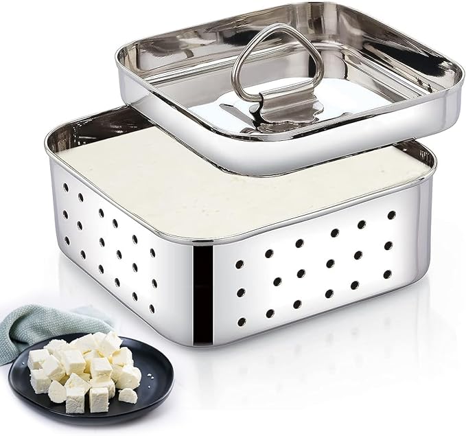 PANCA Stainless Steel Square Shape Indian Paneer/Tofu Press Mould Maker (450 Ml), Size-12.5X12.5X4.5 Centimeters, Silver (Big)