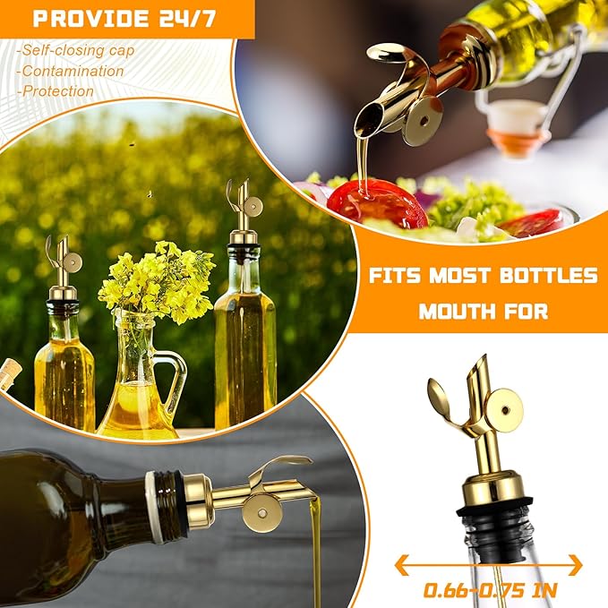 Blulu 24pc Olive Oil Spout Stainless Steel Weighted Bulk Self-Closing Bottle Pourers for Wine Syrup Home Bar Accessories (Gold)