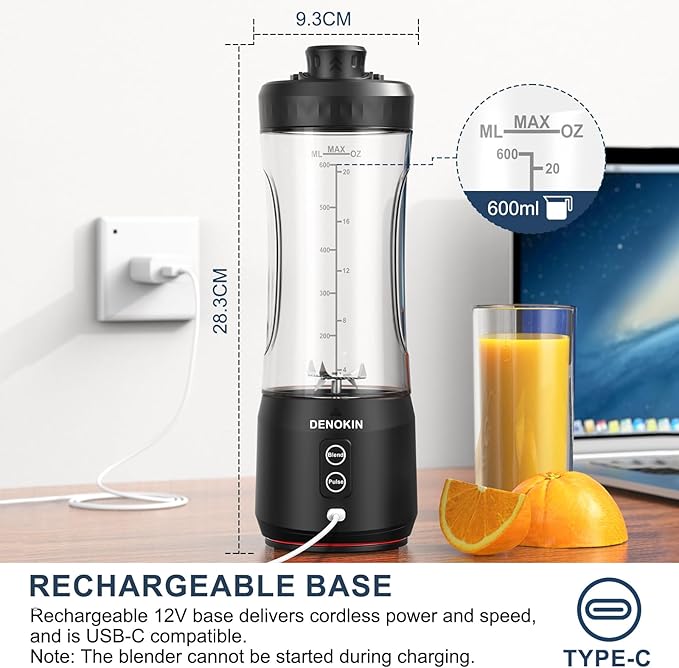 DENOKIN Portable Blender Cordless, 20oz Vessel Personal Blender for Shakes & Smoothies with On Go Lid & Sip Lid, Small Mixer for Kitchen, Home, Travel