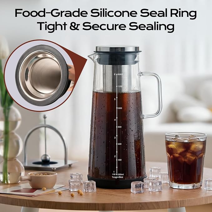 Cold Brew Coffee Maker 48oz/1.4L, Airtight Glass Carafe with Extended Fine Mesh Stainless Steel Filter, Iced Tea & Fruit Pitcher with with Handle and Removable Base