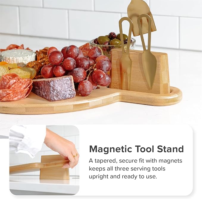 Premium Charcuterie Board Set – Kitchen Edge Round Bamboo Cheese Serving Board with Handle & Magnetic Utensil Block, 18in x 14in, Includes 3 Gold Cheese Utensils, Perfect for Entertaining & Gifting