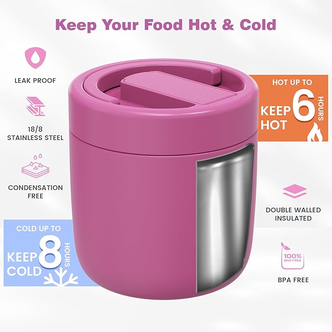 Thermo for Hot Food Adults, 40.5oz Wide Mouth Soup Thermo Lunch Containers with Spoon, Stainless Steel Vacuum Insulated Bento Lunch Box,Lunch Containers with Handle(Pink)