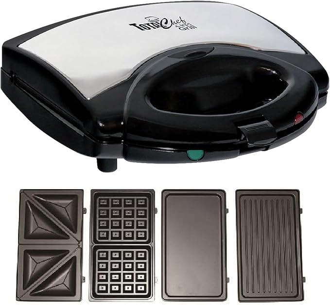 Koolatron Total Chef 4-in-1 Countertop Grill Plus Open Griddle, Sandwich Press, Waffle Maker, Healthy Family Cooking, Home, Dorm or RV, Black, silver, 20 Lbs., (TCG08G-CA)