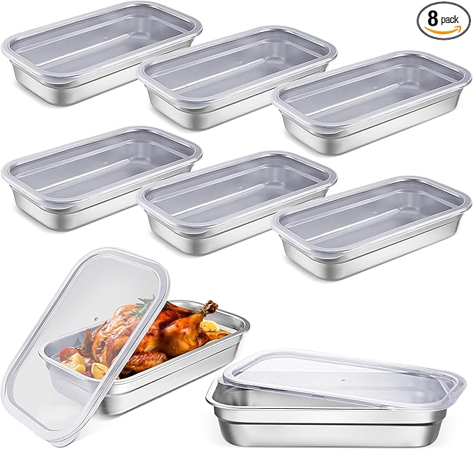 8 Pcs 304 Stainless Steel Food Storage Containers with Lids 1/3 Size Hotel Pan Chicken Food Grade Pans Metal Meal Containers for Restaurant Stackable Kitchen Freezer Buffet(2.5 Inch Deep)