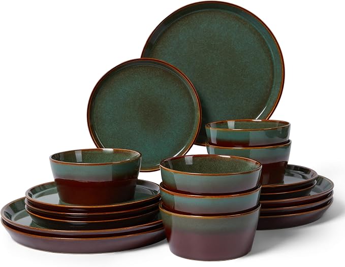 Pokini Plates and Bowls Sets for 6, Ceramic Dinnerware Sets, Kitchen Dish Set, Microwave & Dishwasher Safe Dishware, Highly Durable Reactive Glazed Dinner Set, Brown Green