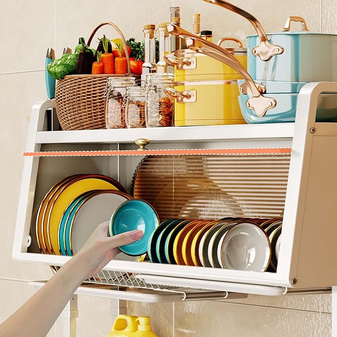 Dish Rack Cabinet Over Sink Standing Dish Drying Rack Dish Drainer Organizer with Adjustable Height Kitchen Large Capacity Kitchen Storage Shelf for Home Kitchen(White,30.3in (77cm))