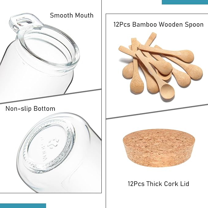YEBODA 10oz Small Glass Storage Jars with Cork Lids and Spoons 12 Pack + 8oz Clear Glass Olive Oil Dispenser Bottles 6 Pack