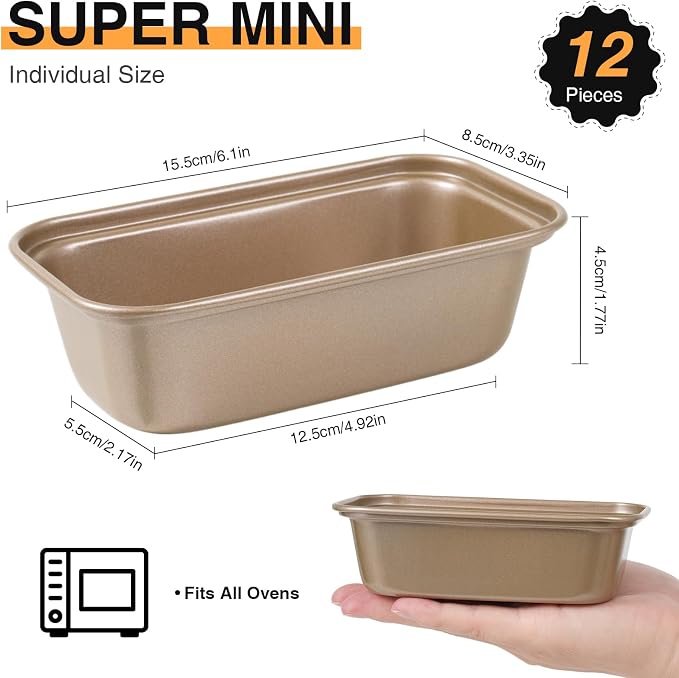 12PCS Mini Loaf Pans for Baking Bread, 6 x 3 x 2 in Nonstick Small Bread Pans, Carbon Steel Rectangle Mini Baking Tins for Banana, Zucchini, Pumpkin Breads, Meatloaf, Brownies, Gold