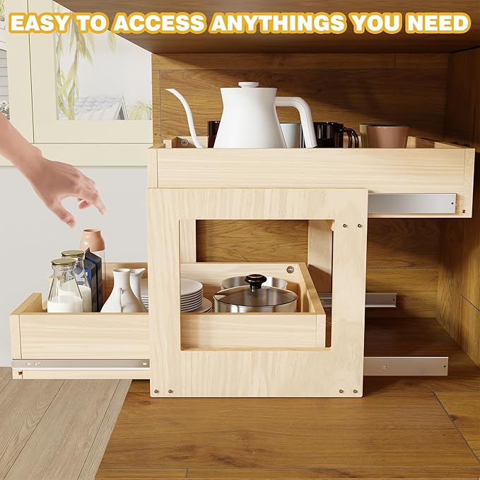 Pull Out Cabinet Organizer, 26''W×21''D×16''H Soft Close Slide Out Wooden Pull out Drawers, Double Tier Slide out Wood Cabinet Organizer, for Base Cabinet Organization in Kitchen, Pantry, Bathroom