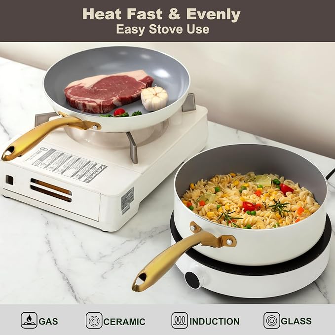 ceramic cookware set,Healthy,Non Toxic,Pots and Pans Set non stick,14-Pcs Kitchen induction cooking Sets, nonstick Pot and Pan Set with silicione Utensils,PFOS/PFOA Free,Cream and Gold