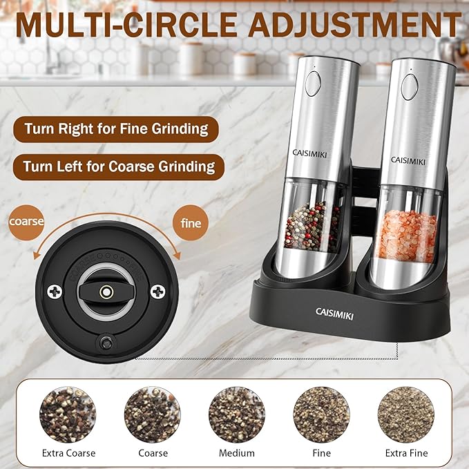 Electric Salt and Pepper Grinder Set Upgraded Stainless Steel Spice Grinder USB Rechargeable Automatic Pepper Mill Dual Charging Station Grinder Shakers, Silver