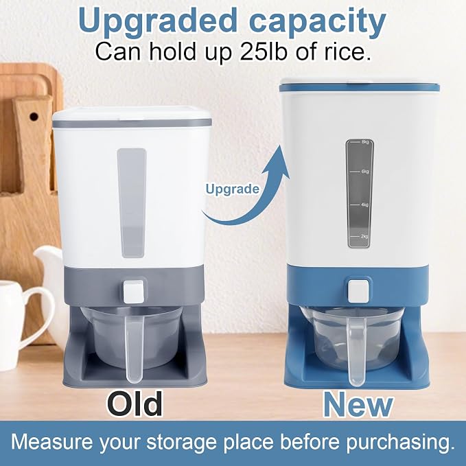 Mity rain Rice Dispenser 20 Lbs with Moisture Absorbing Clay, Rice Storage Container with Measuring Cup, 12 L Cereal Containers Storage Airtight for Kitchen Pantry Organization Blue