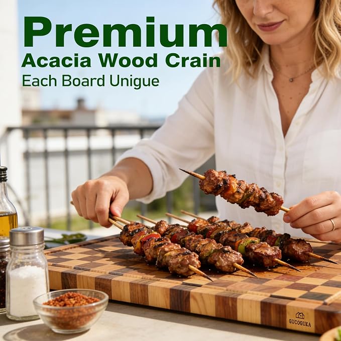 Acacia Wood Cutting Boards for Kitchen, Checkered Chopping Board with Juice Grooves & Handles, Large Butcher Block Serving Tray with Non‑Slip Feet, 17" x 11.8" x 1.5"