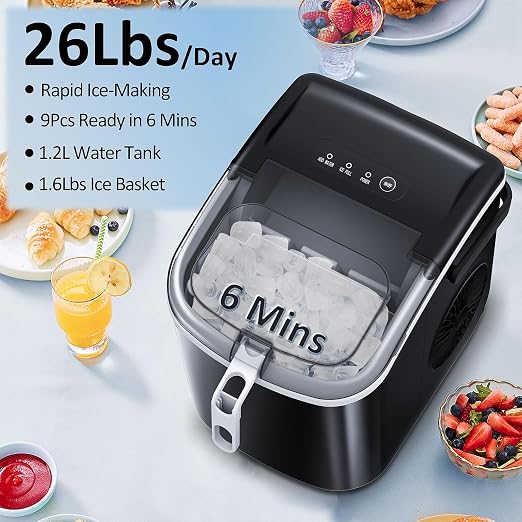 Antarctic Star Countertop Ice Maker Portable Ice Machine with Handle,Bullet Ice, Automatic-Cleaning Ice Makers, 26Lbs/24H, 9 Ice Cubes Ready in 6 Mins for Home Kitchen Bar Party (Black)