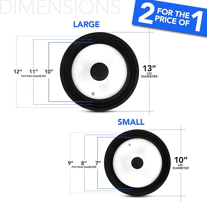 Modern Innovations Universal Lids (Set of 2) Fits 7 to 12-Inch Cookware, Silicone Replacement Pan Lid, Glass Top Covers for Skillets, Pots, Frying Pans, Cast Iron, CrockPot - Black