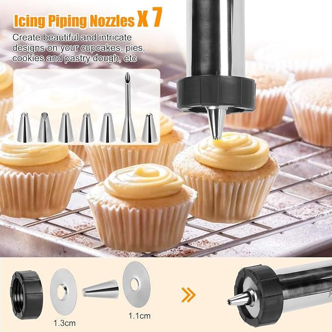PAHTTO Churro Maker Machine, Stainless Steel Churros Gun Kit, 3-in-1 Multifunctional Cookie Press Hollow Churro with Piping Bag, 7 Piping Nozzles, 9 Cookie Discs & 2 Brushes, Easy to Clean